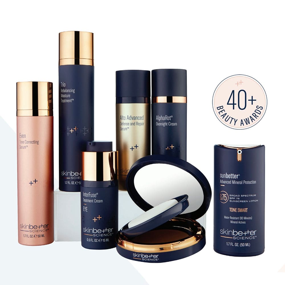 A variety of Skinbetter products with the badge: 40 plus beauty awards
